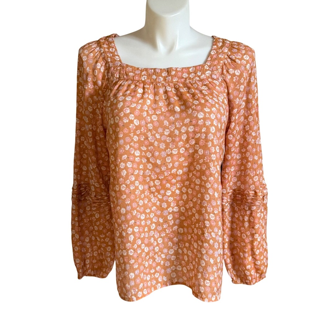 LC Lauren Conrad Orange Floral Square Neck Puff Sleeve Blouse XXL Cottagecore